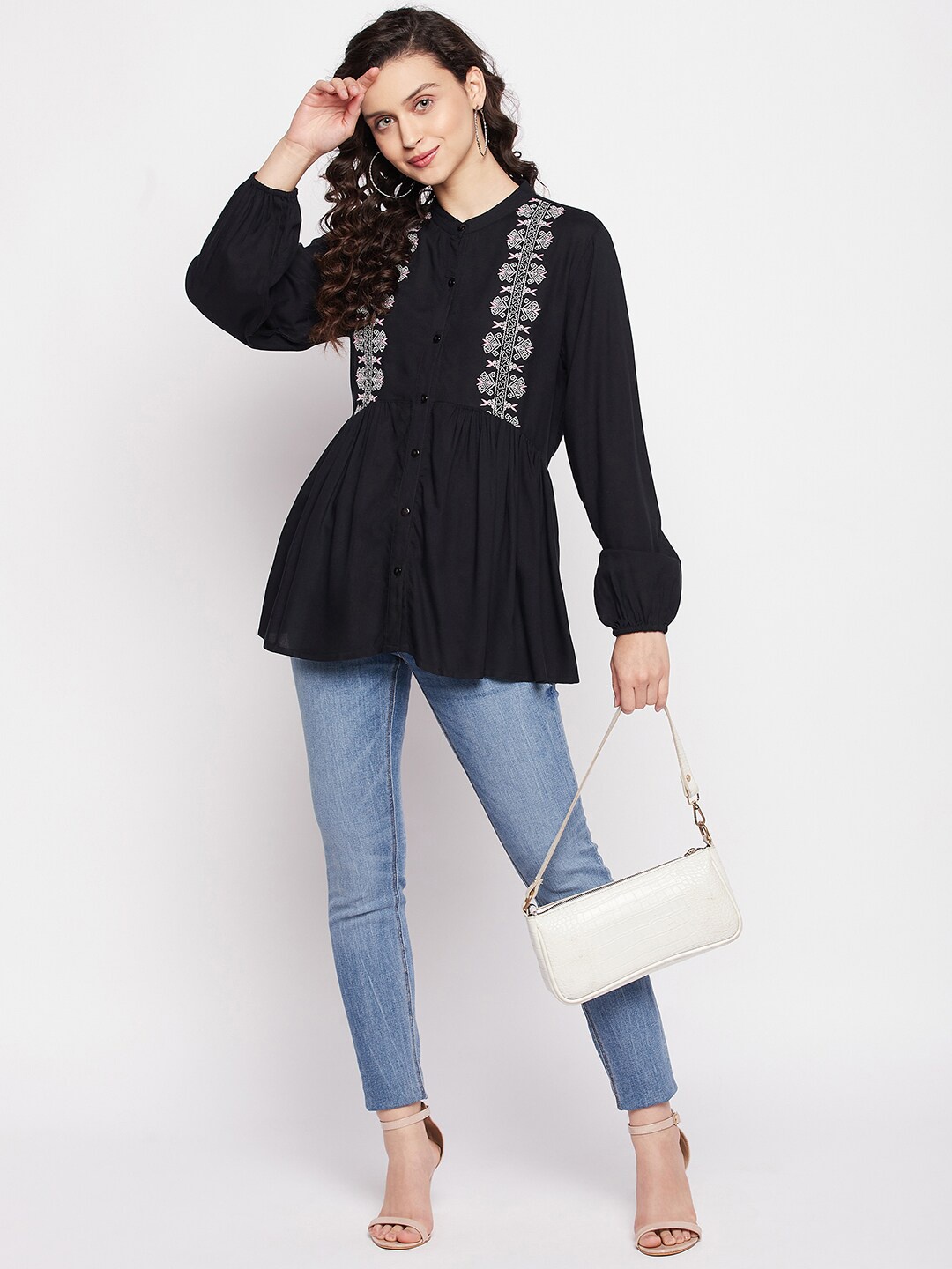 

Ruhaans Embroidered Mandarin Collar Tunic, Black
