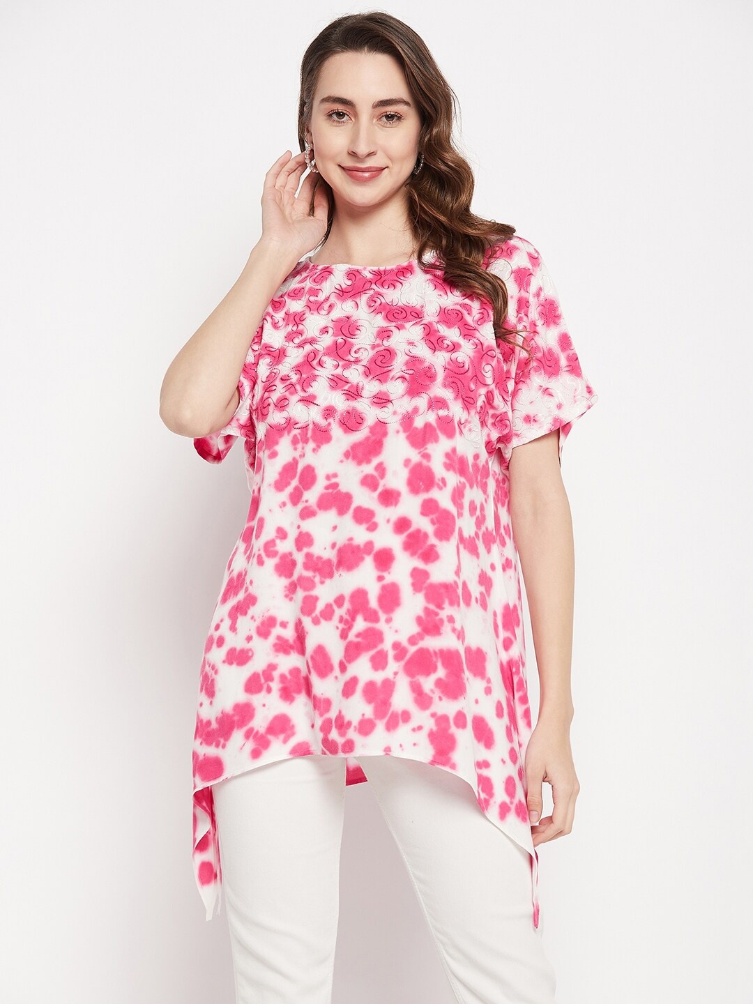 

Ruhaans Boat Neck Tie & Dye Embroidered Tunic, Pink