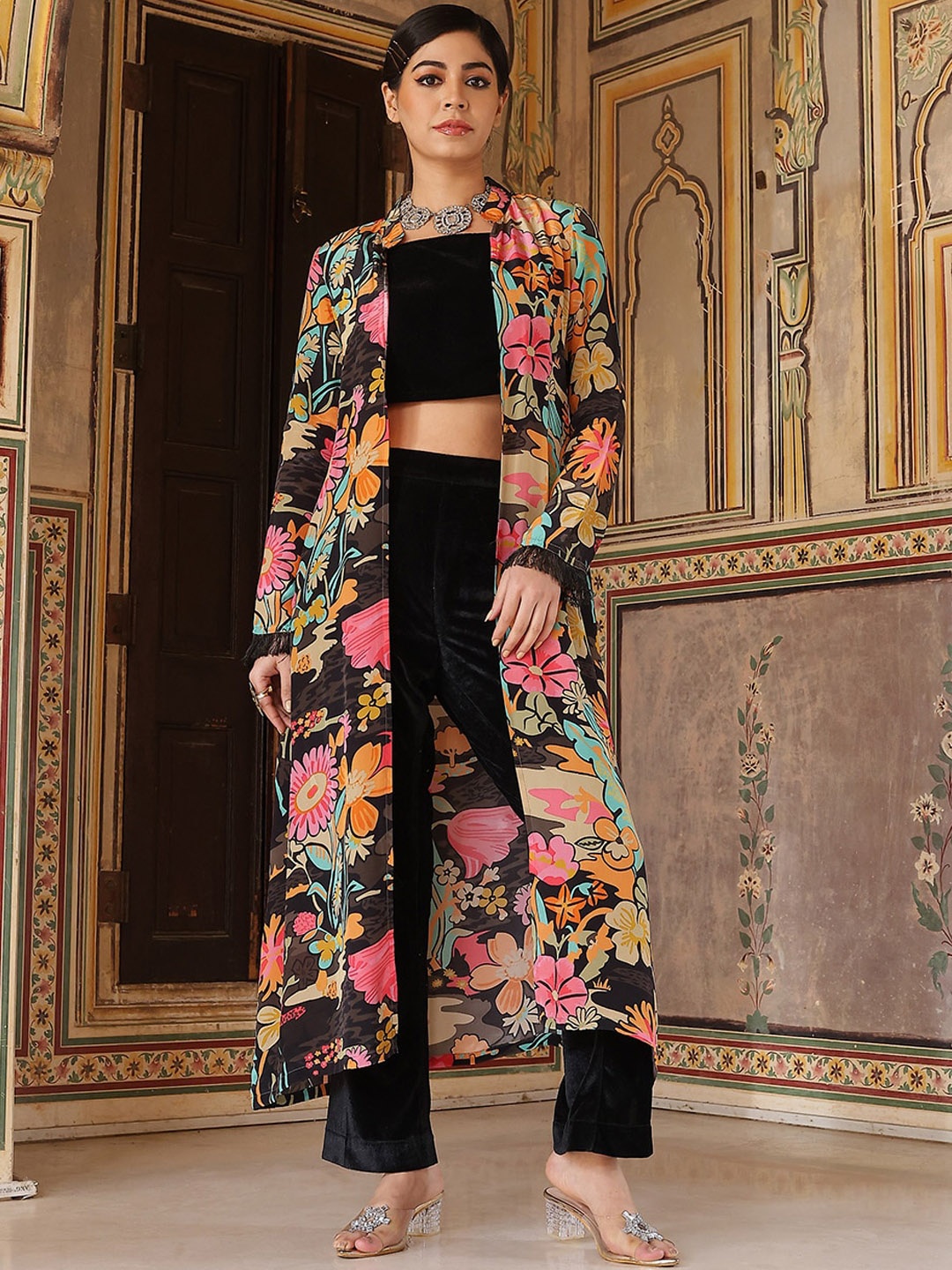 

AKS Couture Shoulder Straps Crop Top With Printed Jacket & Trousers, Black