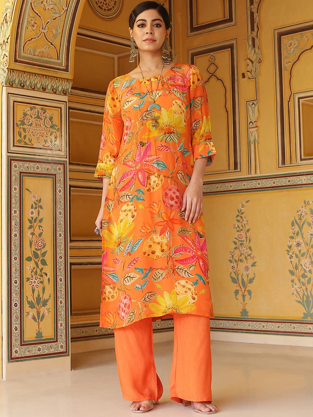 

AKS Couture Round Neck Floral Printed Regular Silk Crepe Kurta with Palazzo, Orange