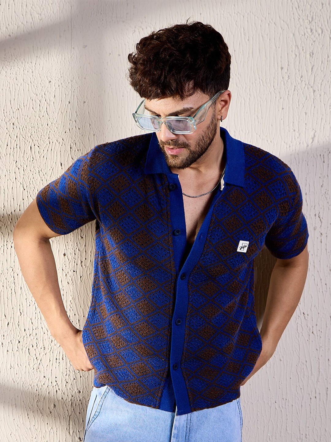 

FUGAZEE Relaxed Oversized Geometric Crochet Spread Collar Cotton Casual Shirt, Blue