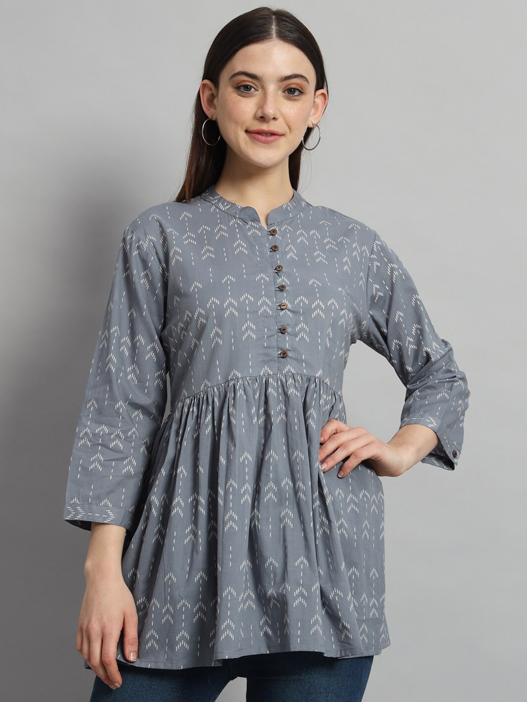 

HANDICRAFT PALACE Geometric Printed Mandarin Collar Cotton Gathered & Pleated Longline Top, Grey