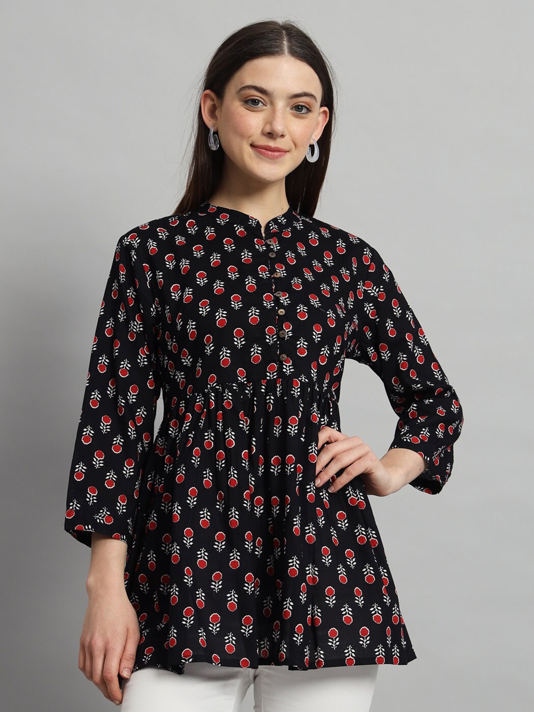 

HANDICRAFT PALACE Ethnic Motifs Mandarin Collar Cotton Gathered & Pleated Longline Top, Black