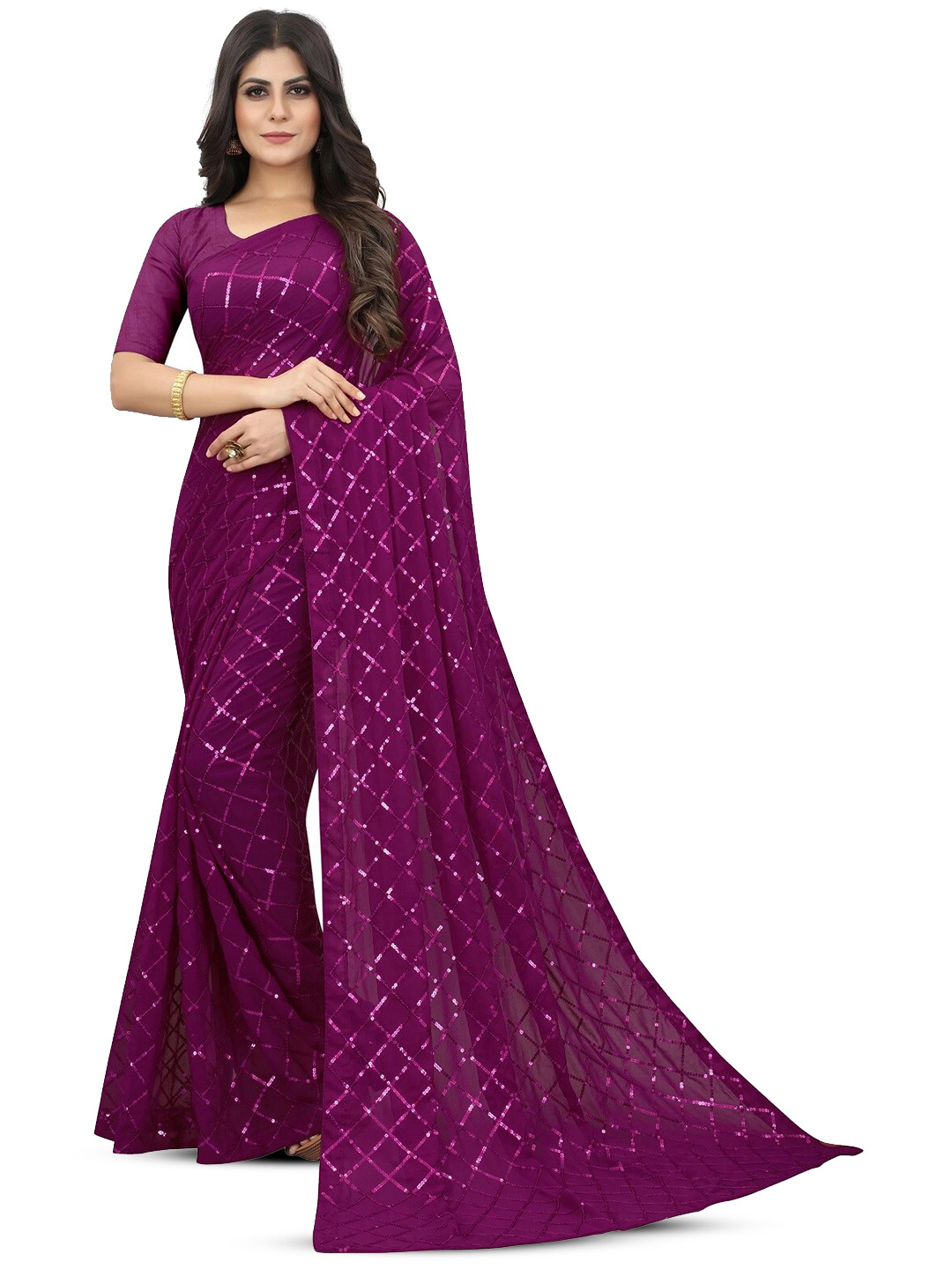 

DIVASTRI Embellished Sequinned Pure Georgette Heavy Work Saree, Purple