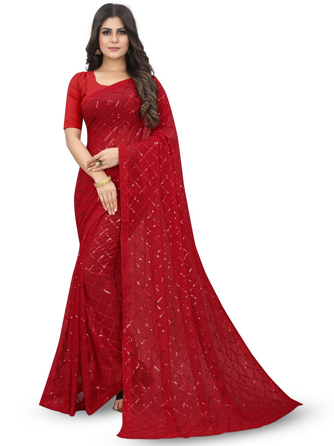

DIVASTRI Embellished Sequinned Pure Georgette Heavy Work Saree, Red