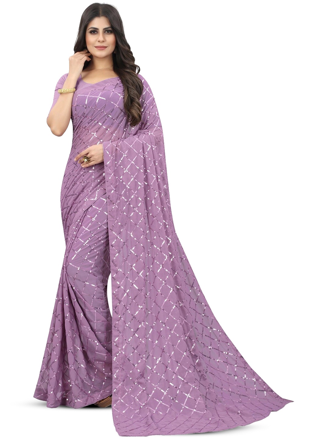 

DIVASTRI Embellished Sequinned Pure Georgette Heavy Work Saree, Purple