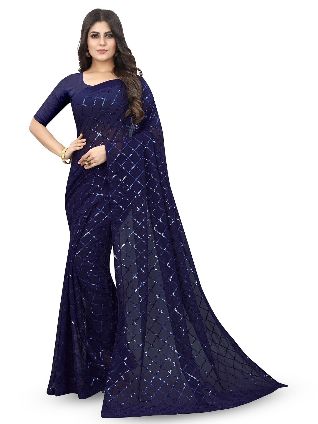 

DIVASTRI Embellished Sequinned Pure Georgette Heavy Work Saree, Navy blue