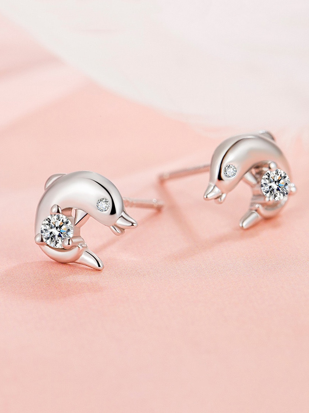

MYKI Silver-Plated Animal Shaped Cubic Zirconia Stainless Steel Studs Earrings