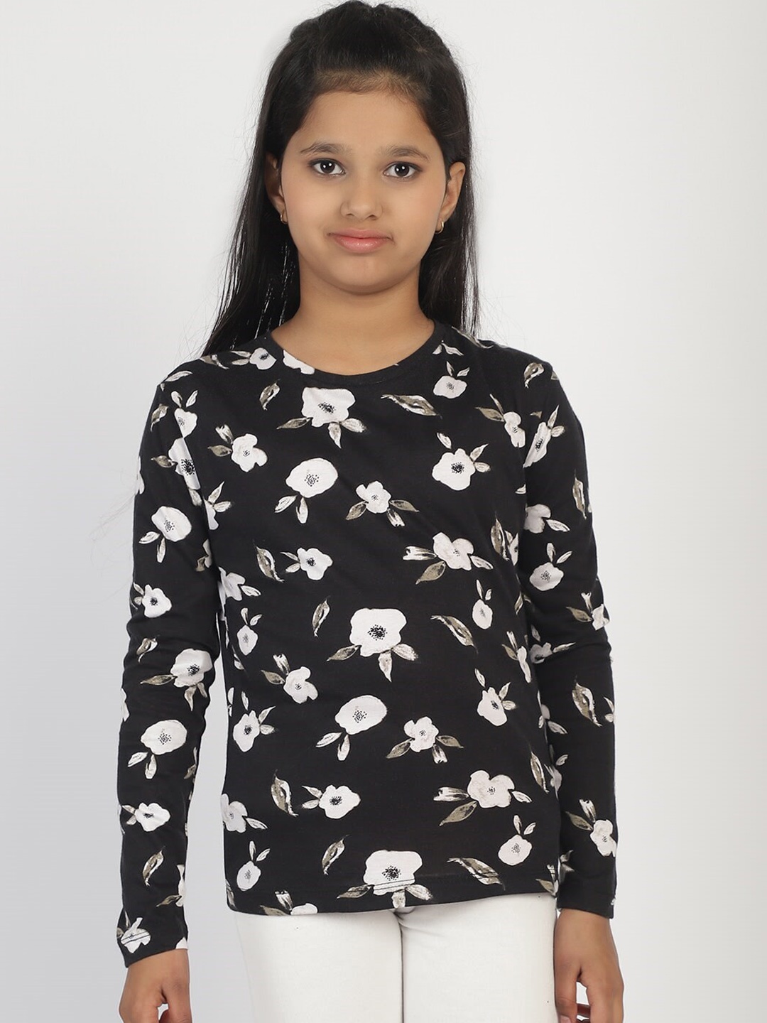 

Rute Girls Floral Printed Long Sleeves Cotton T-shirt, Black