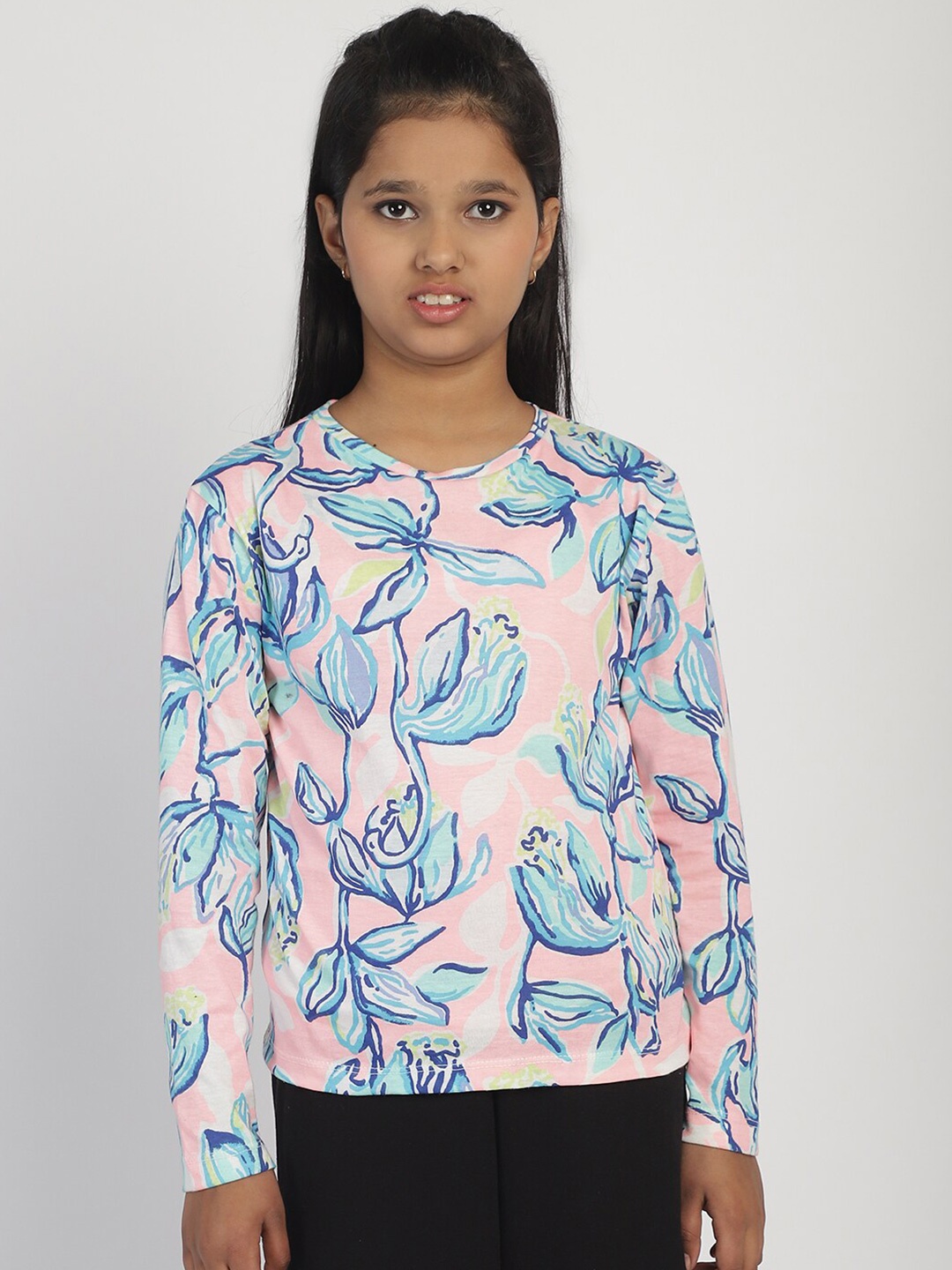 

Rute Girls Floral Printed Long Sleeves Cotton T-shirt, Pink