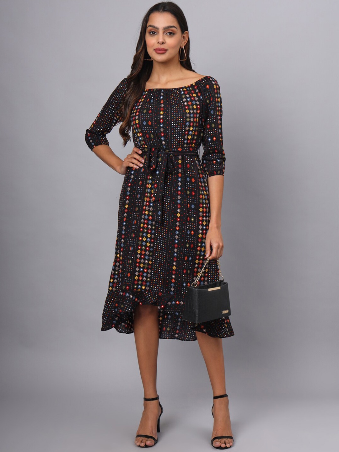 

BRINNS Ethnic Motifs Print A-Line Midi Dress, Black