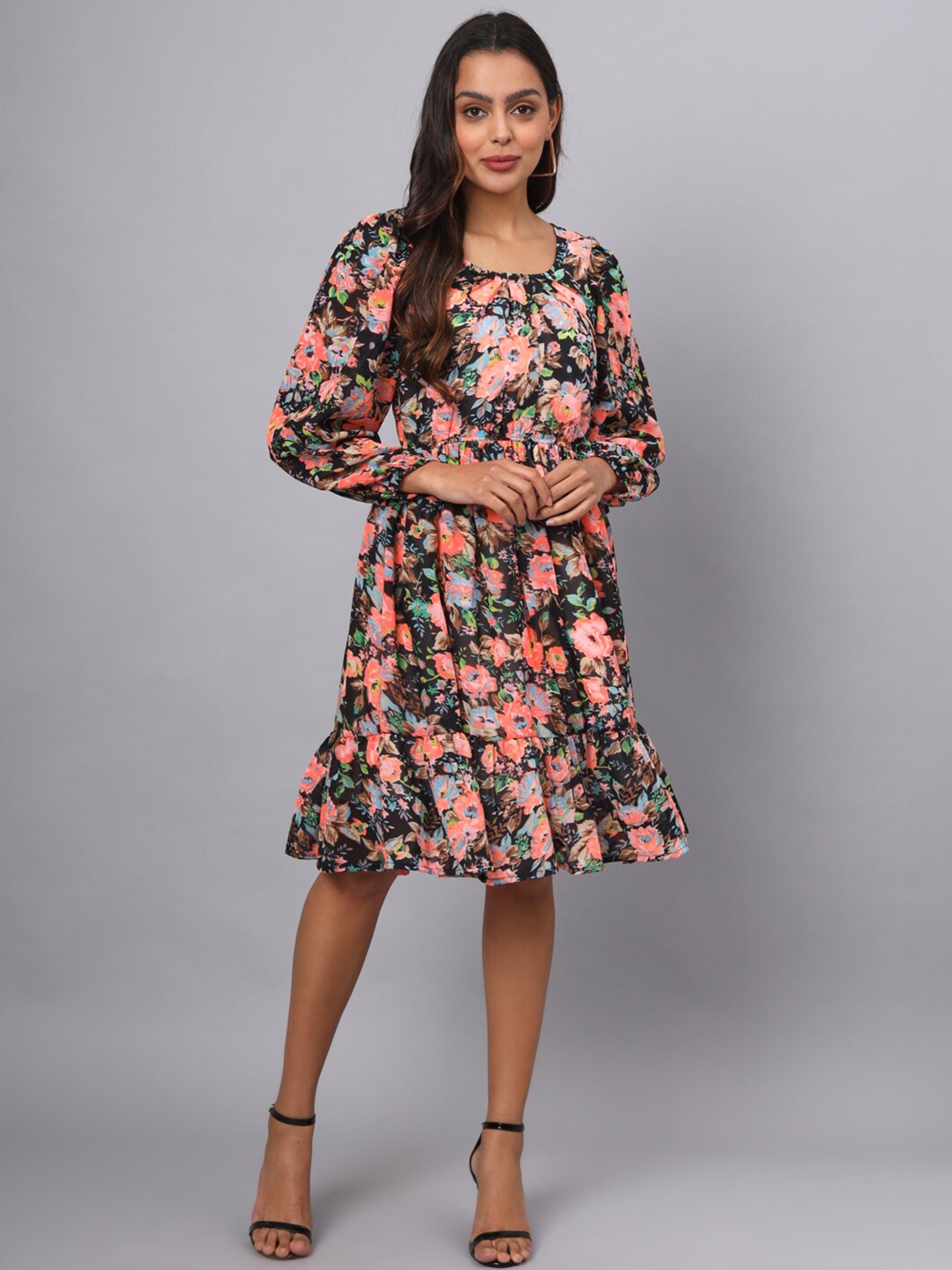 

BRINNS Floral Print Bell Sleeve Georgette Blouson Dress, Multi