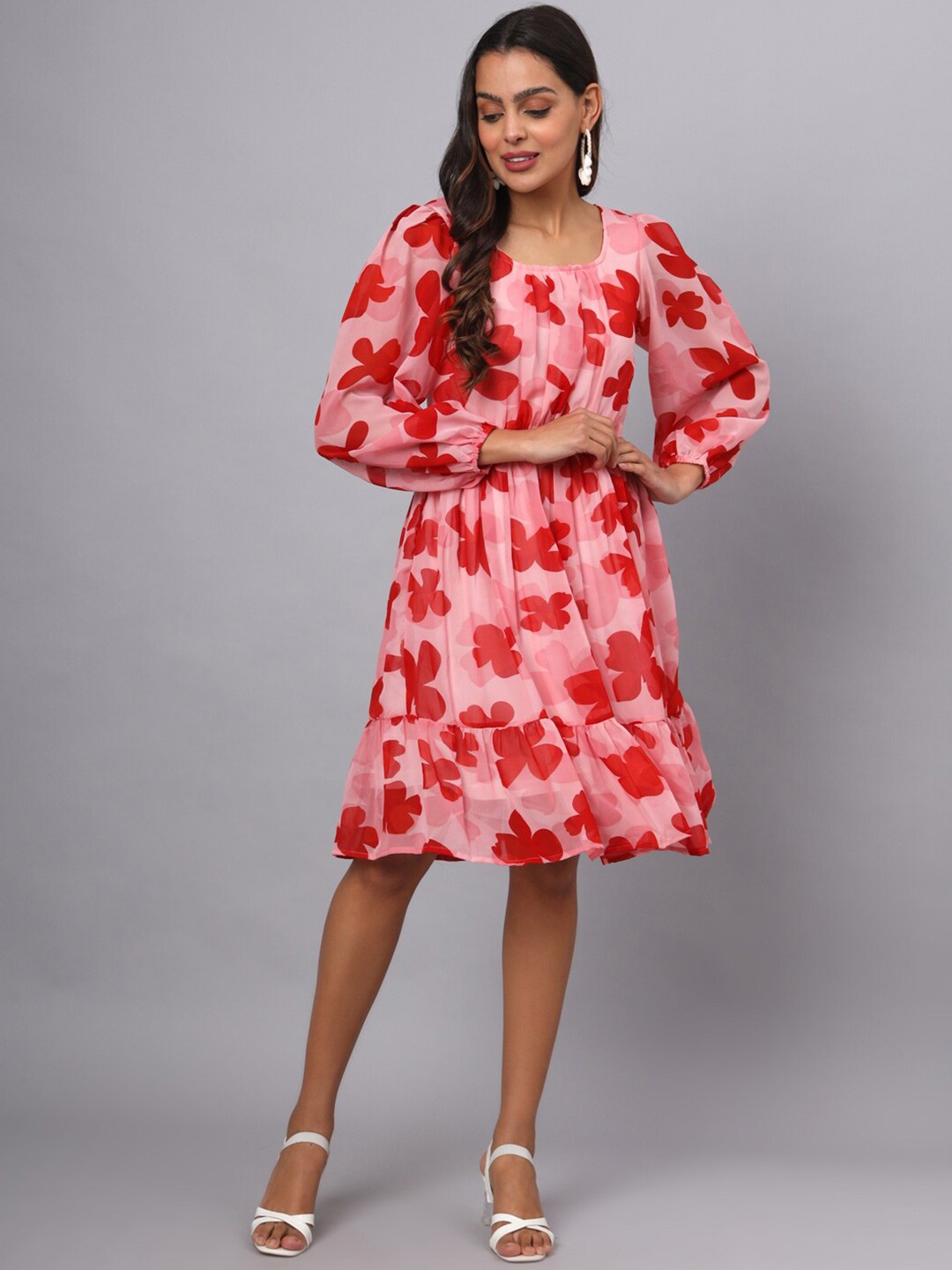 

BRINNS Floral Print Puff Sleeve Georgette Fit & Flare Dress, Pink