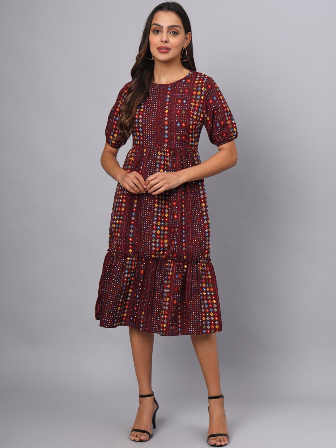 

BRINNS Geometric Print A-Line Midi Dress, Maroon