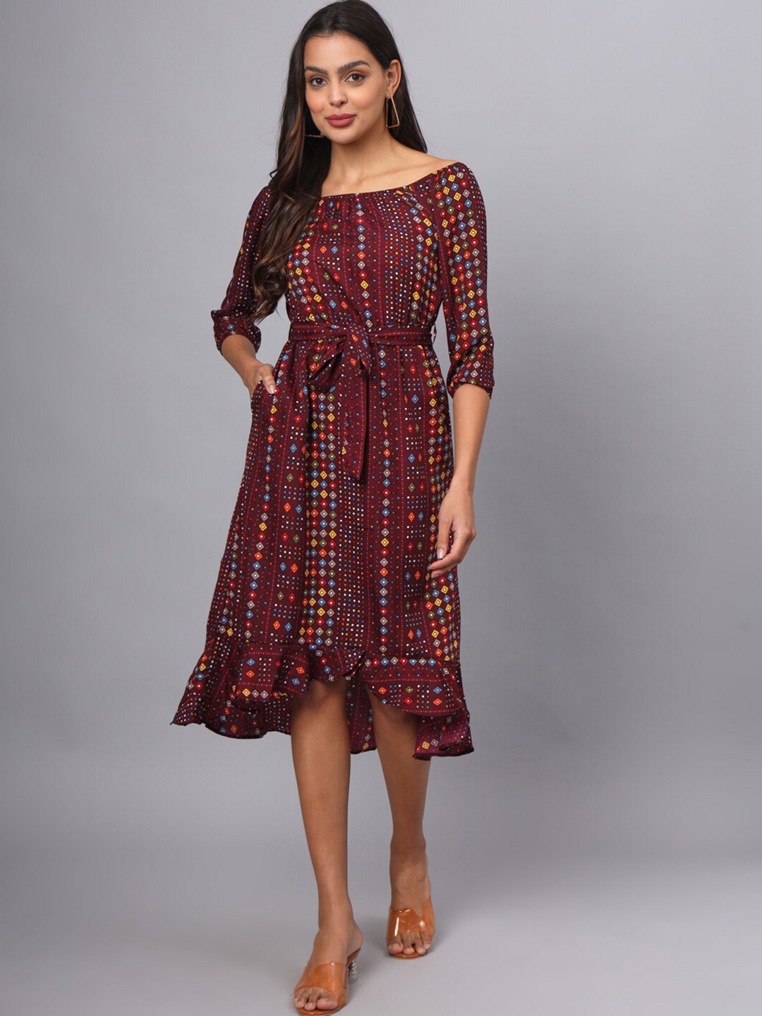 

BRINNS Ethnic Motifs Print Puff Sleeve Fit & Flare Midi Dress, Maroon