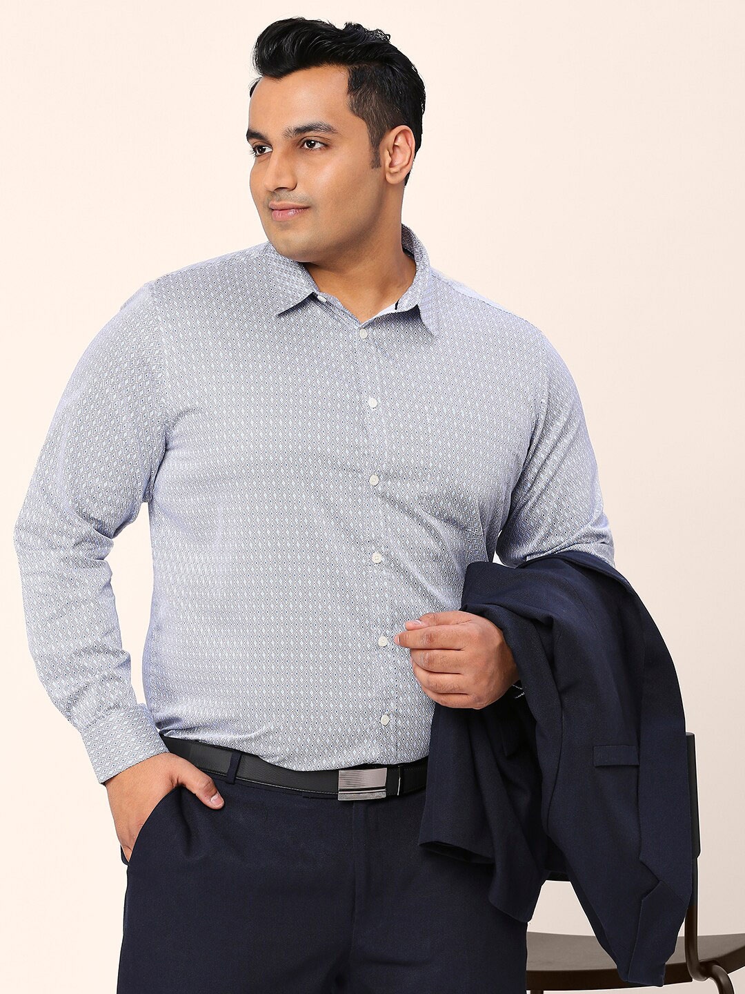 Sztori Plus Size Relaxed Micro Ditsy Printed Cotton Formal Shirt, Blue
