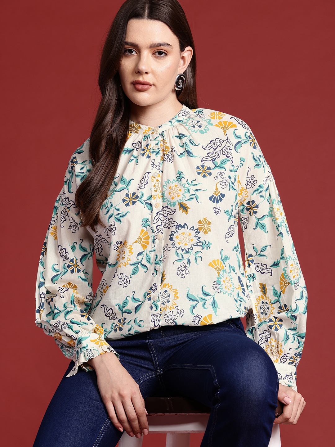 

Routes by All About You Floral Print Mandarin Collar Shirt Style Top, White