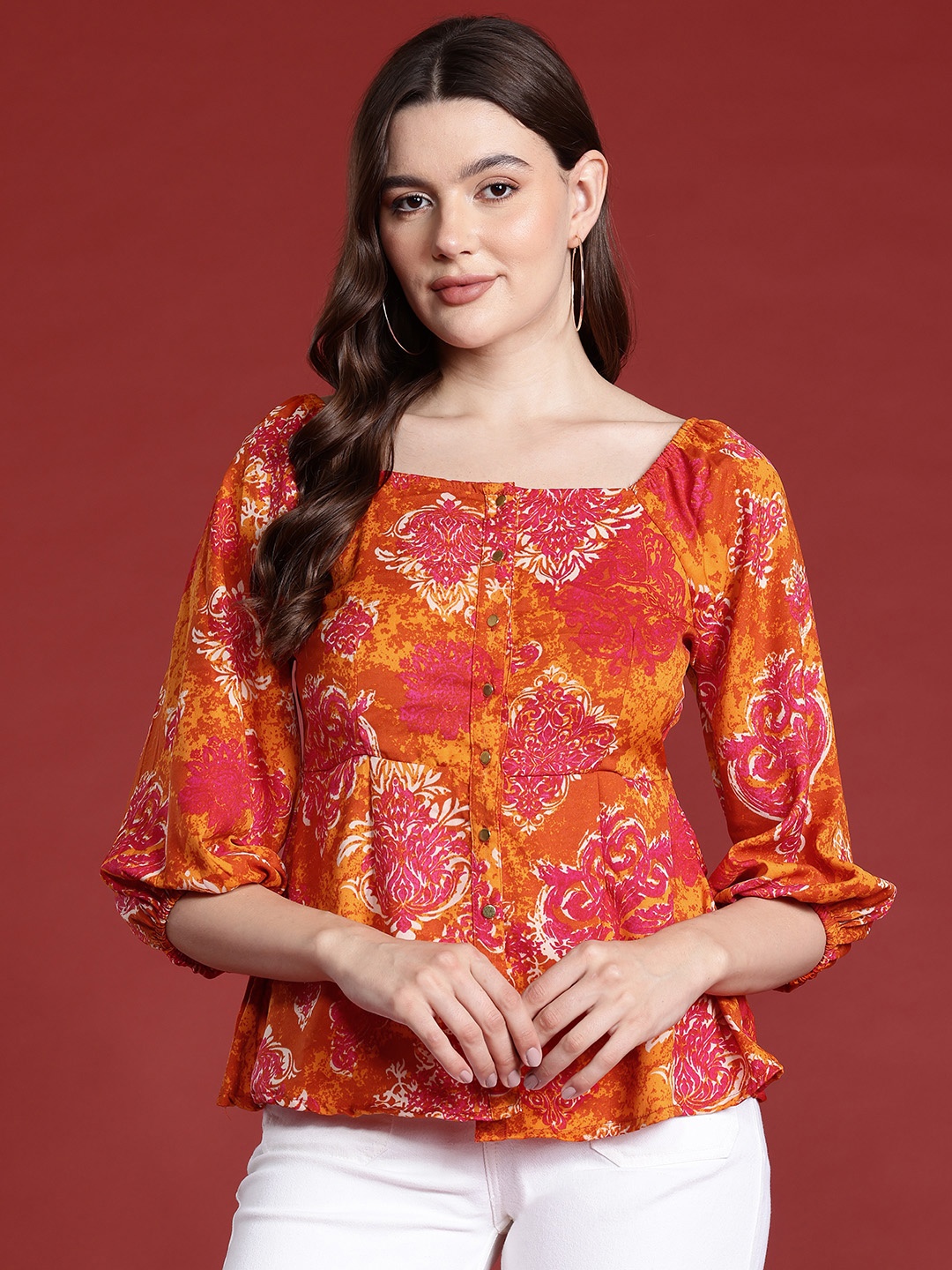 

Routes by All About You Ethnic Print Puff Sleeve Top, Orange