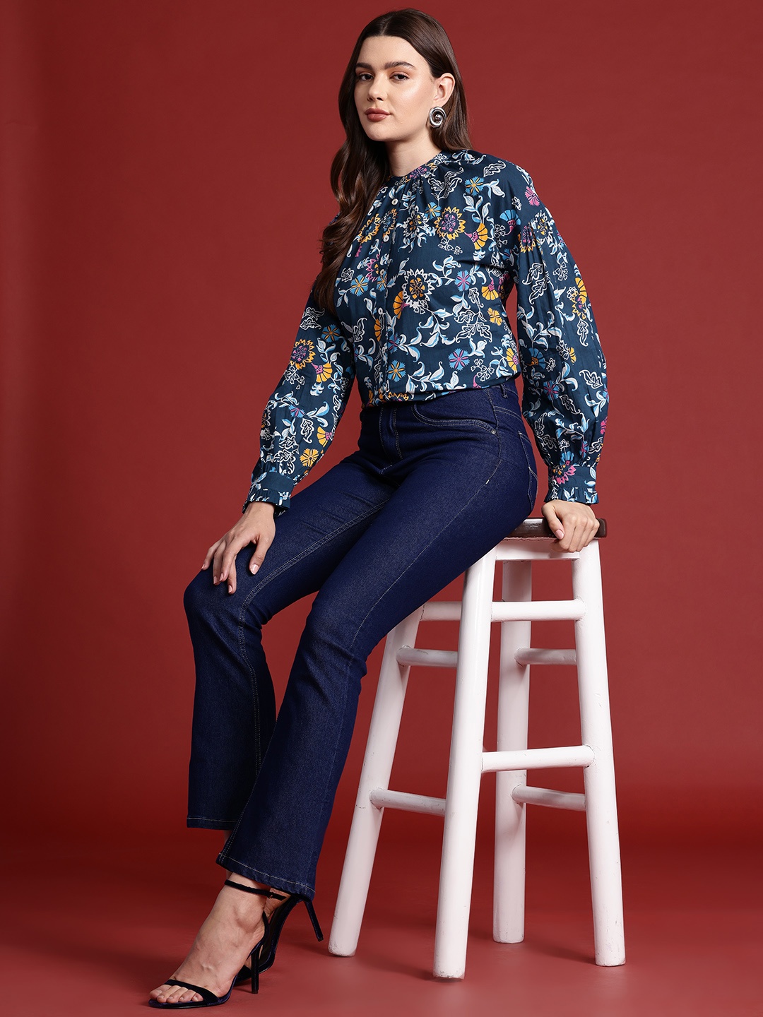 

Routes by All About You Floral Print Mandarin Collar Top, Navy blue