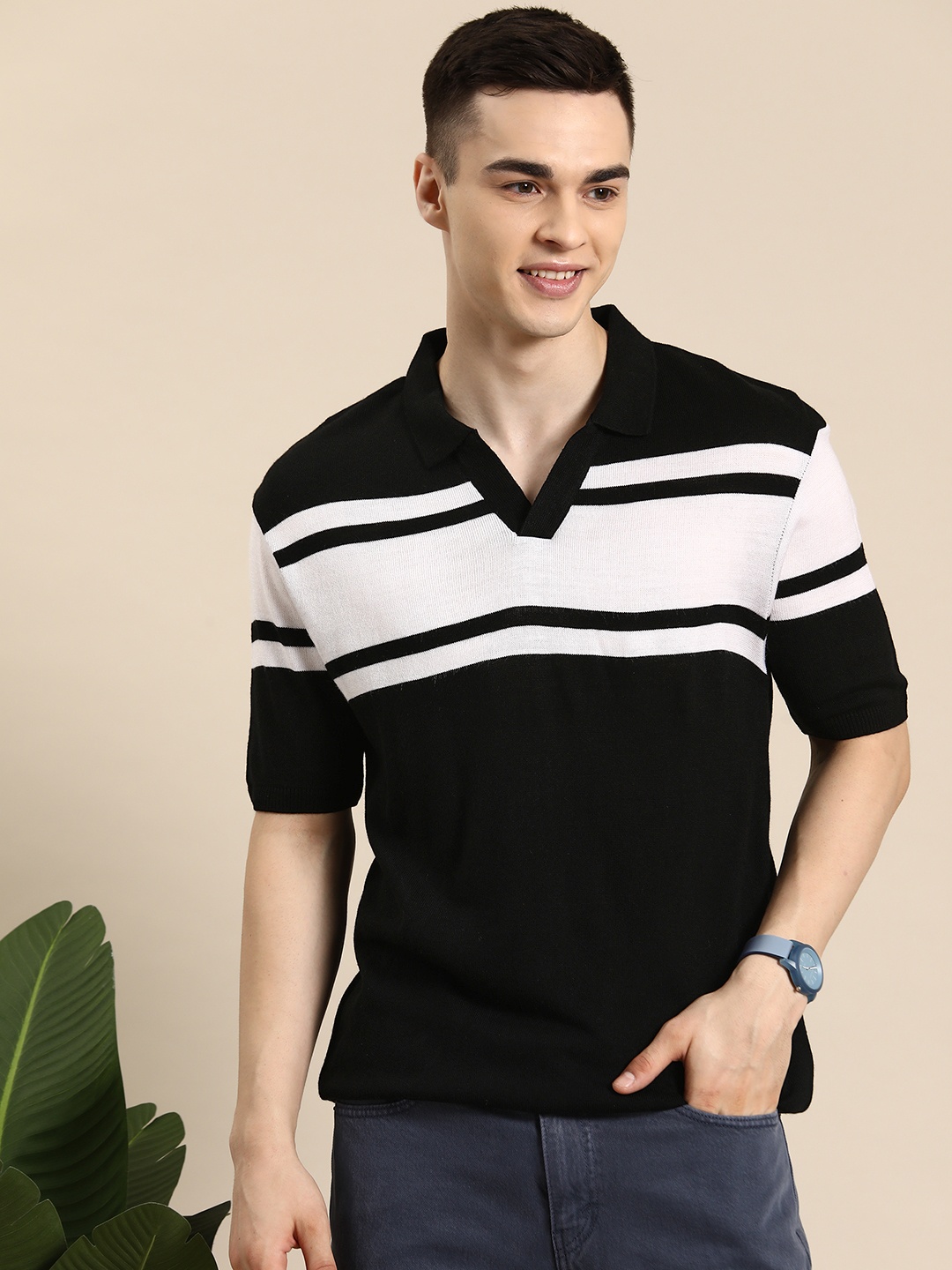 

Mast & Harbour Striped Polo Collar Knit T-shirt, Black