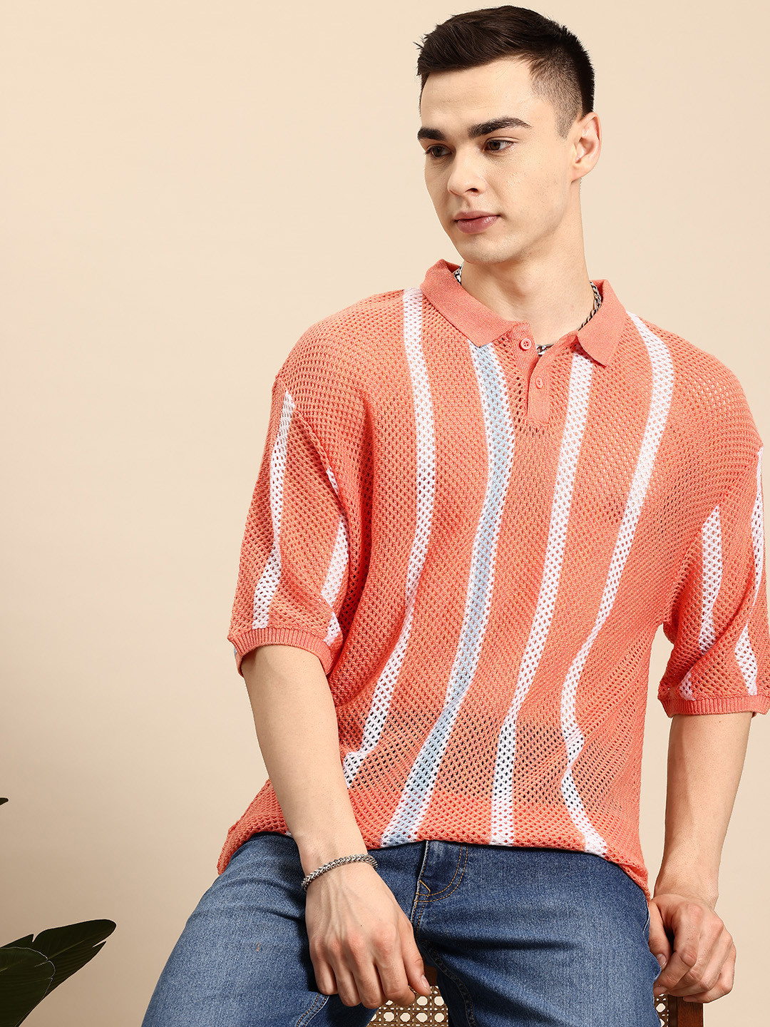 

Mast & Harbour Striped Open Knit Semi Sheer Polo Collar T-shirt, Peach