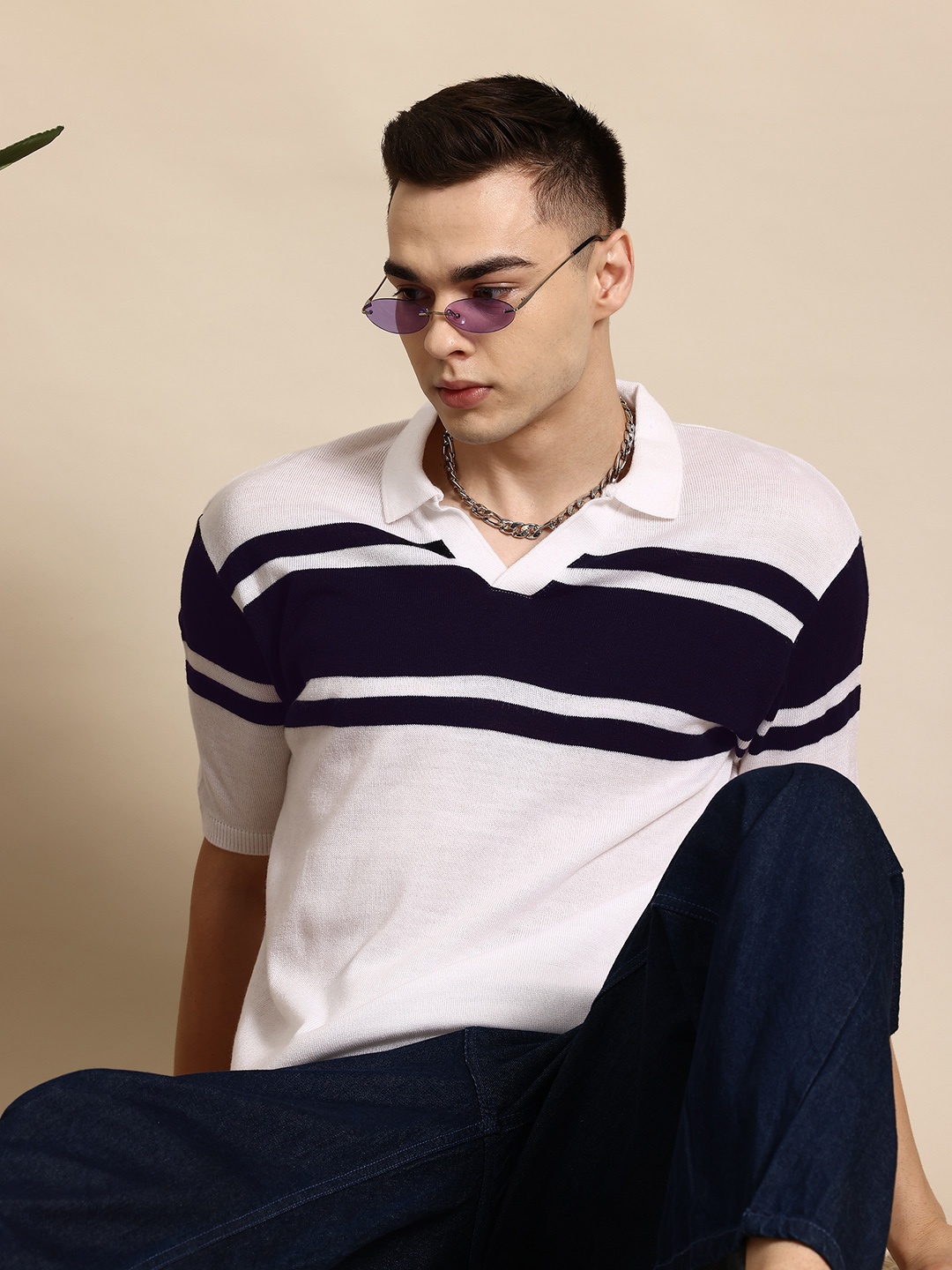 

Mast & Harbour Acrylic Striped Polo Collar Knitted T-shirt, White