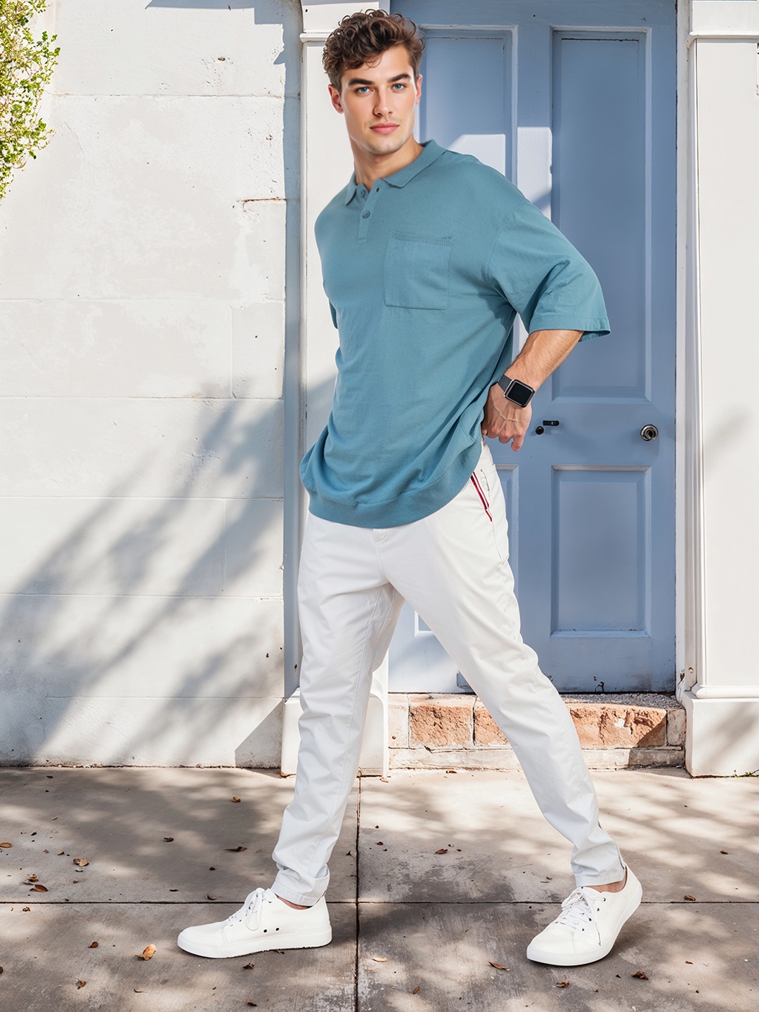 

Mast & Harbour Polo Collar Acrylic Knit T-shirt, Blue
