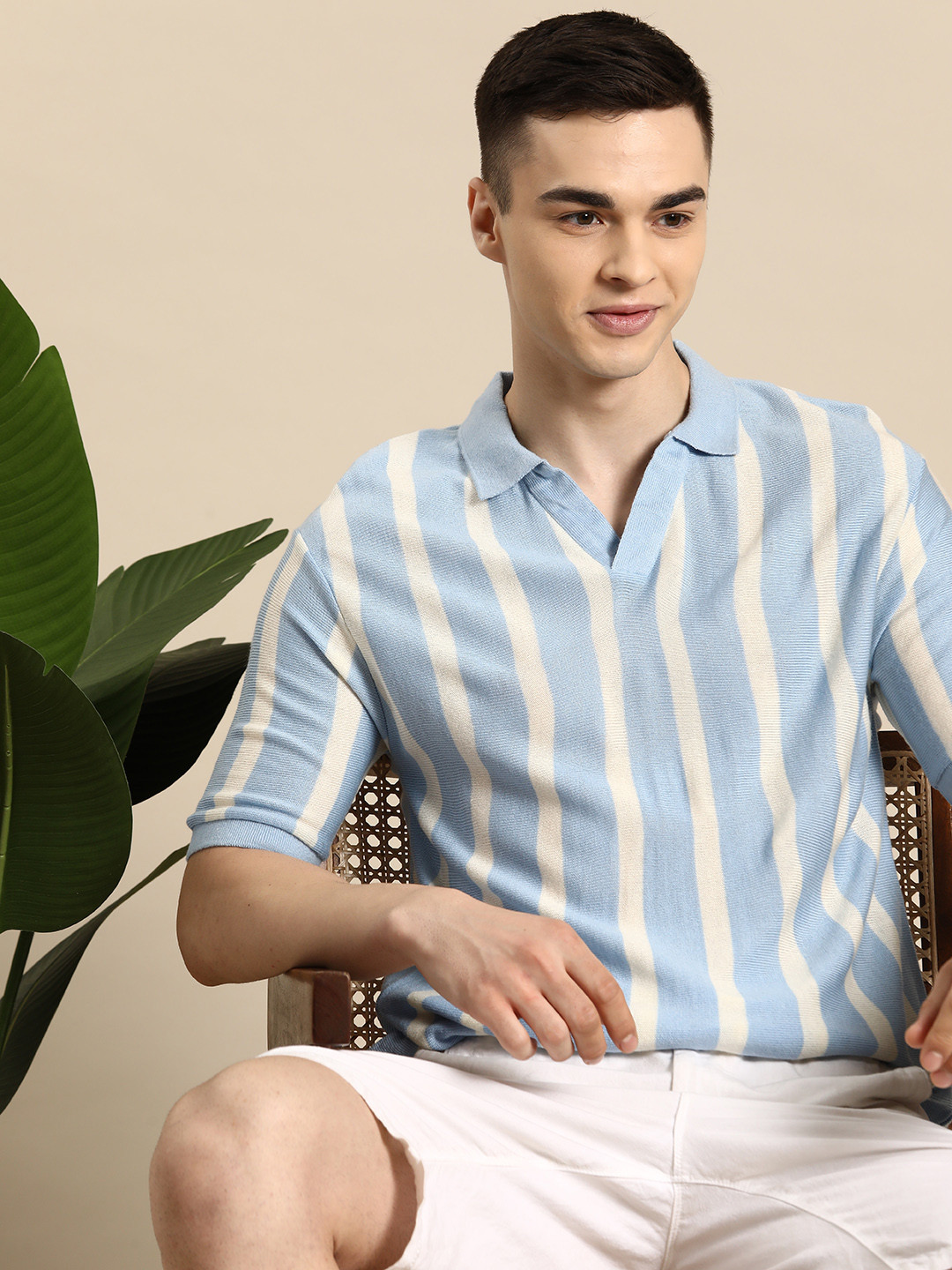 

Mast & Harbour Men Striped Acrylic Polo Collar T-shirt, Blue