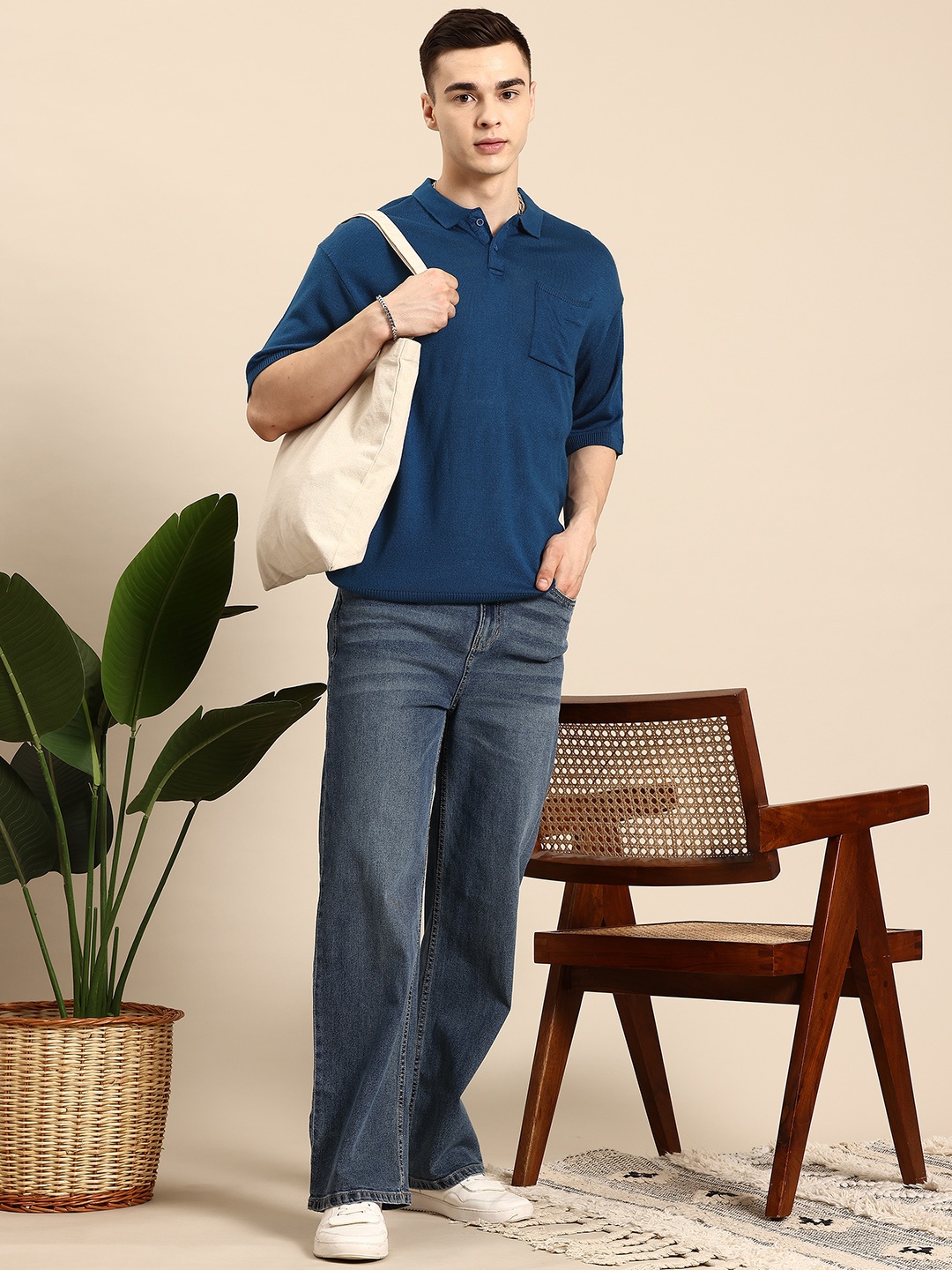 Mast & Harbour Polo Collar Knit T-shirt, Navy blue