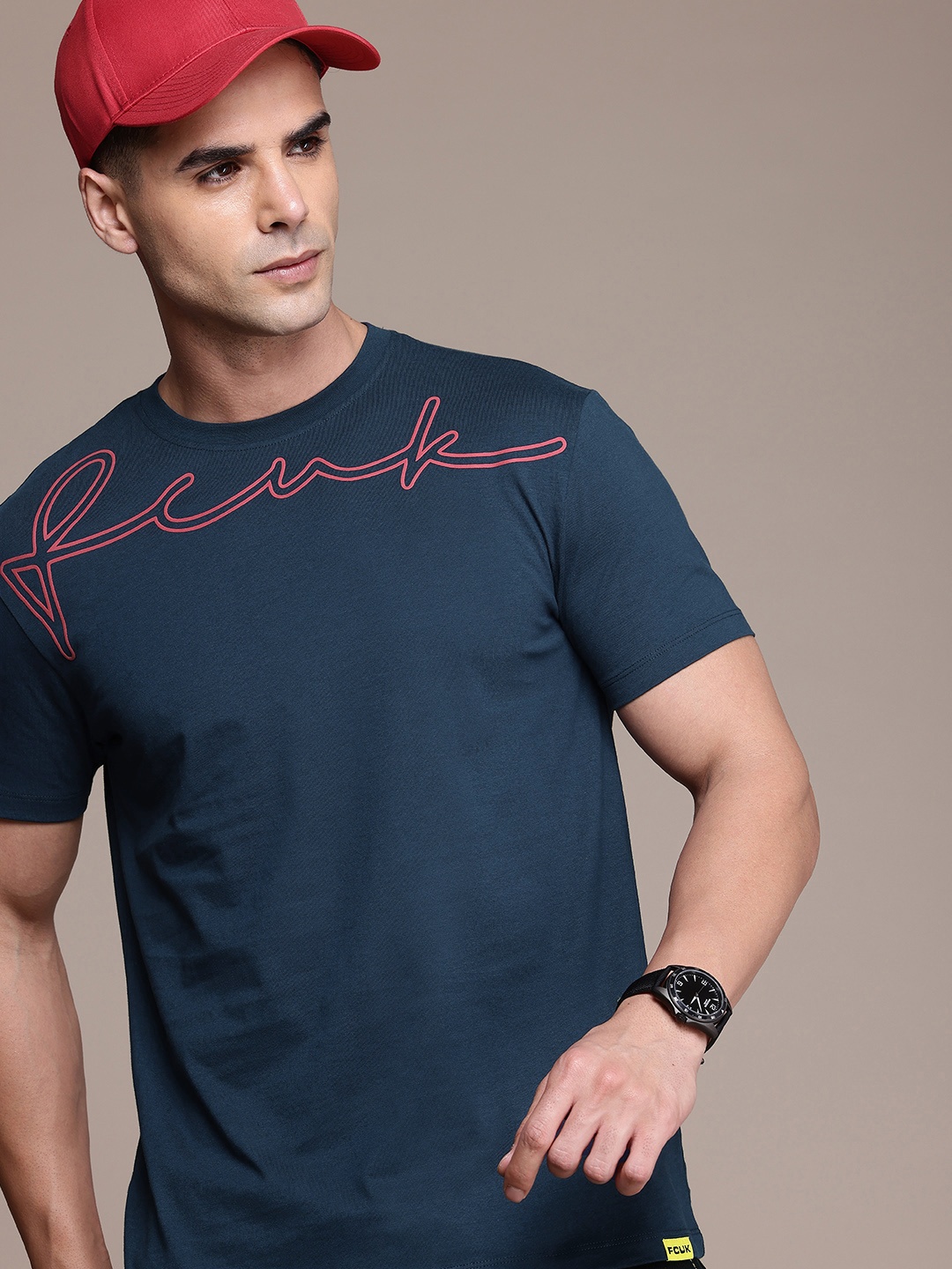 

FCUK Brand Logo Printed Pure Cotton T-shirt, Navy blue
