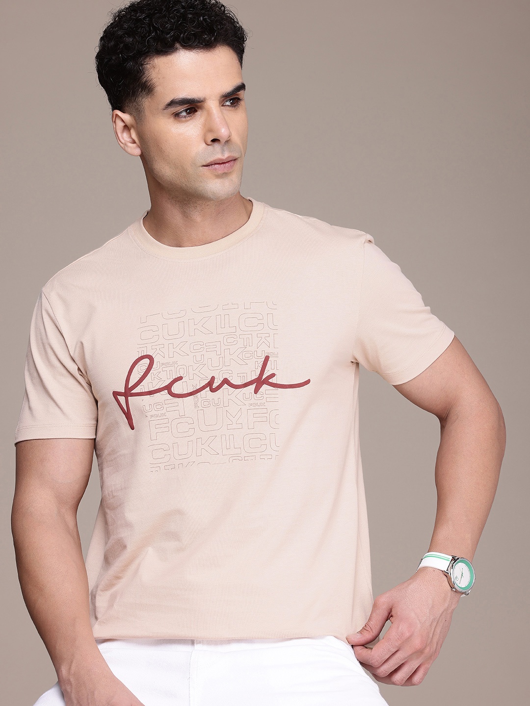 

FCUK Brand Logo Printed Pure Cotton T-shirt, Beige