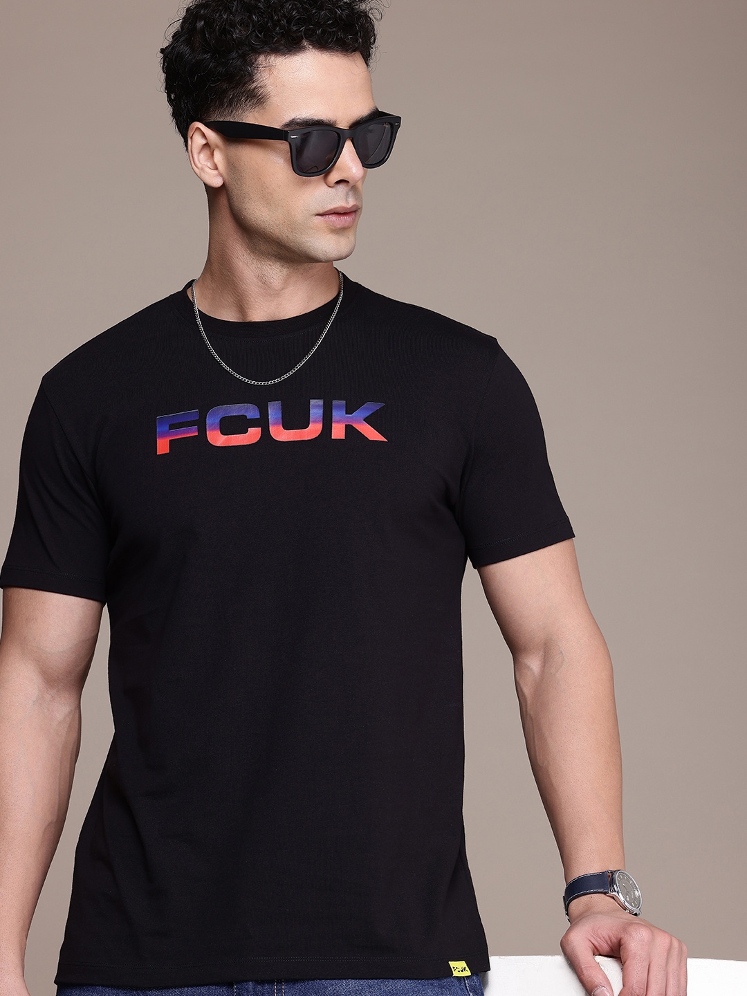 

FCUK Brand Logo Printed Pure Cotton T-shirt, Black