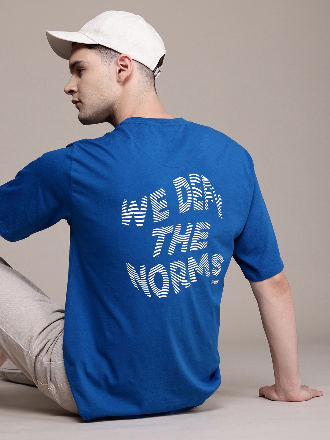

FCUK Typography Printed Drop-Shoulder Sleeves Oversized Pure Cotton T-shirt, Blue