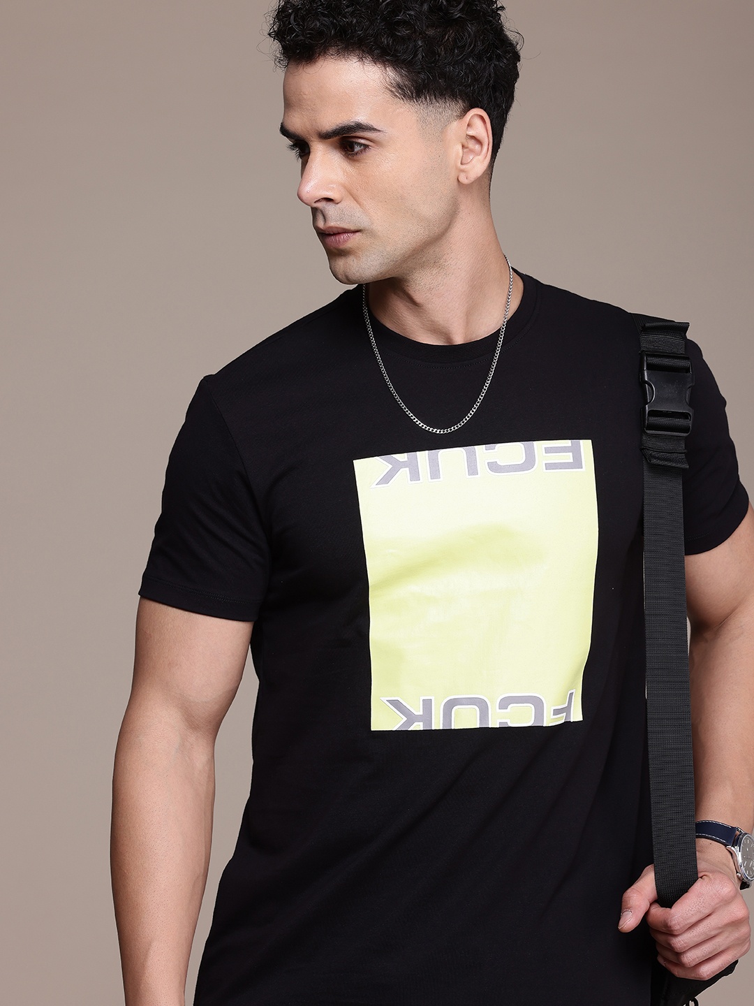 

FCUK Brand Logo Printed Pure Cotton T-shirt, Black