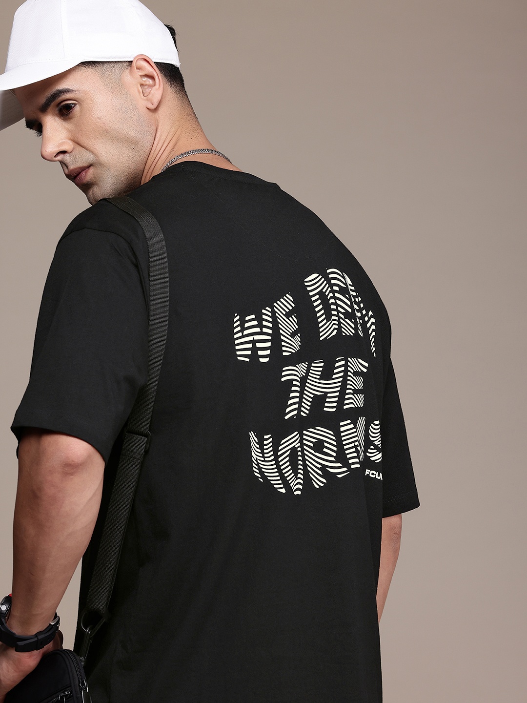 

FCUK Typography Printed Drop-Shoulder Sleeves Pure Cotton T-shirt, Black