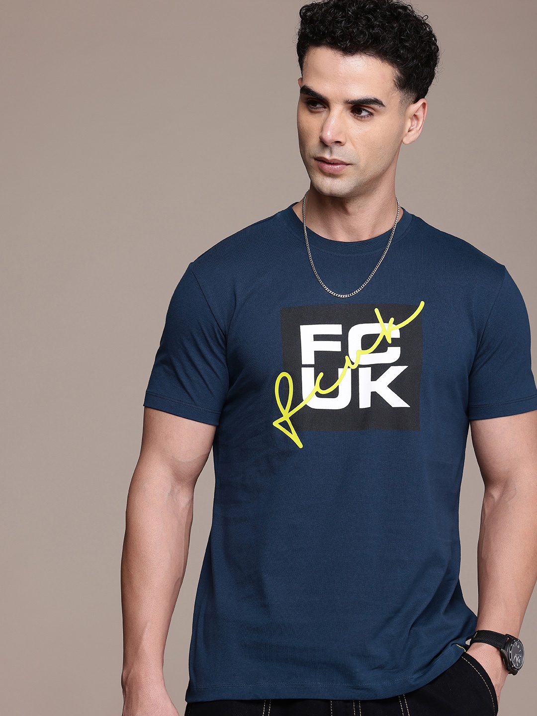 

FCUK Brand Logo Printed Pure Cotton T-shirt, Navy blue