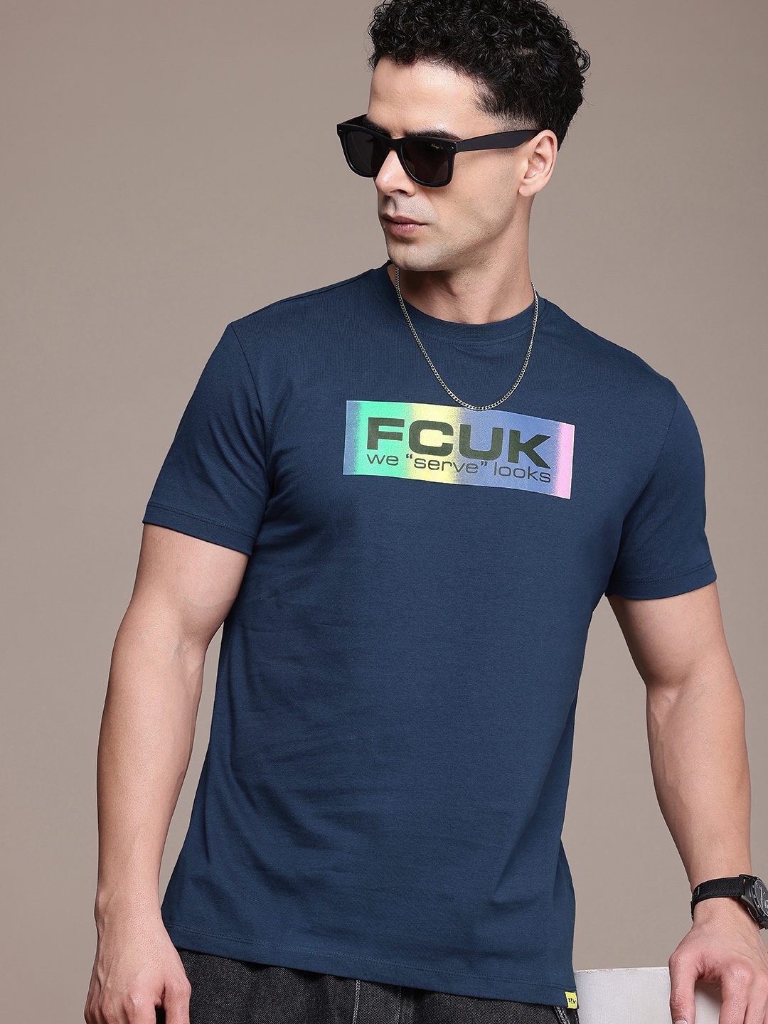 

FCUK Brand Logo Printed Pure Cotton T-shirt, Navy blue