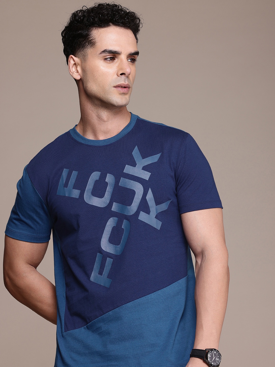 

FCUK Colourblocked Brand Logo Printed Pure Cotton T-shirt, Navy blue