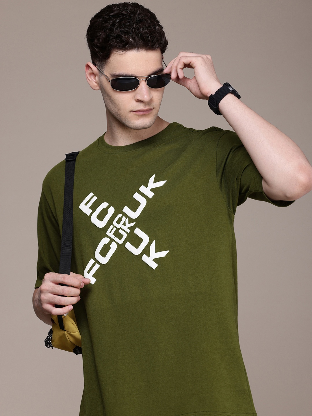 

FCUK Brand Logo Printed Drop-Shoulder Sleeves Oversized Pure Cotton T-shirt, Olive