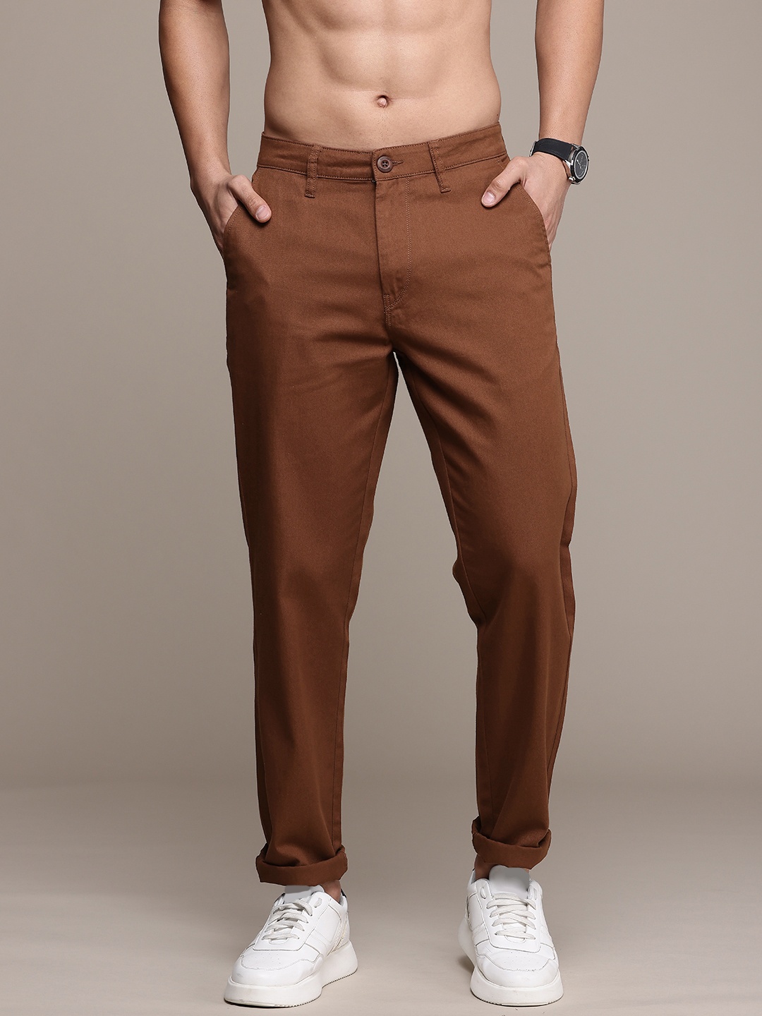 

The Roadster Life Co. Men Pure Cotton Trousers, Brown