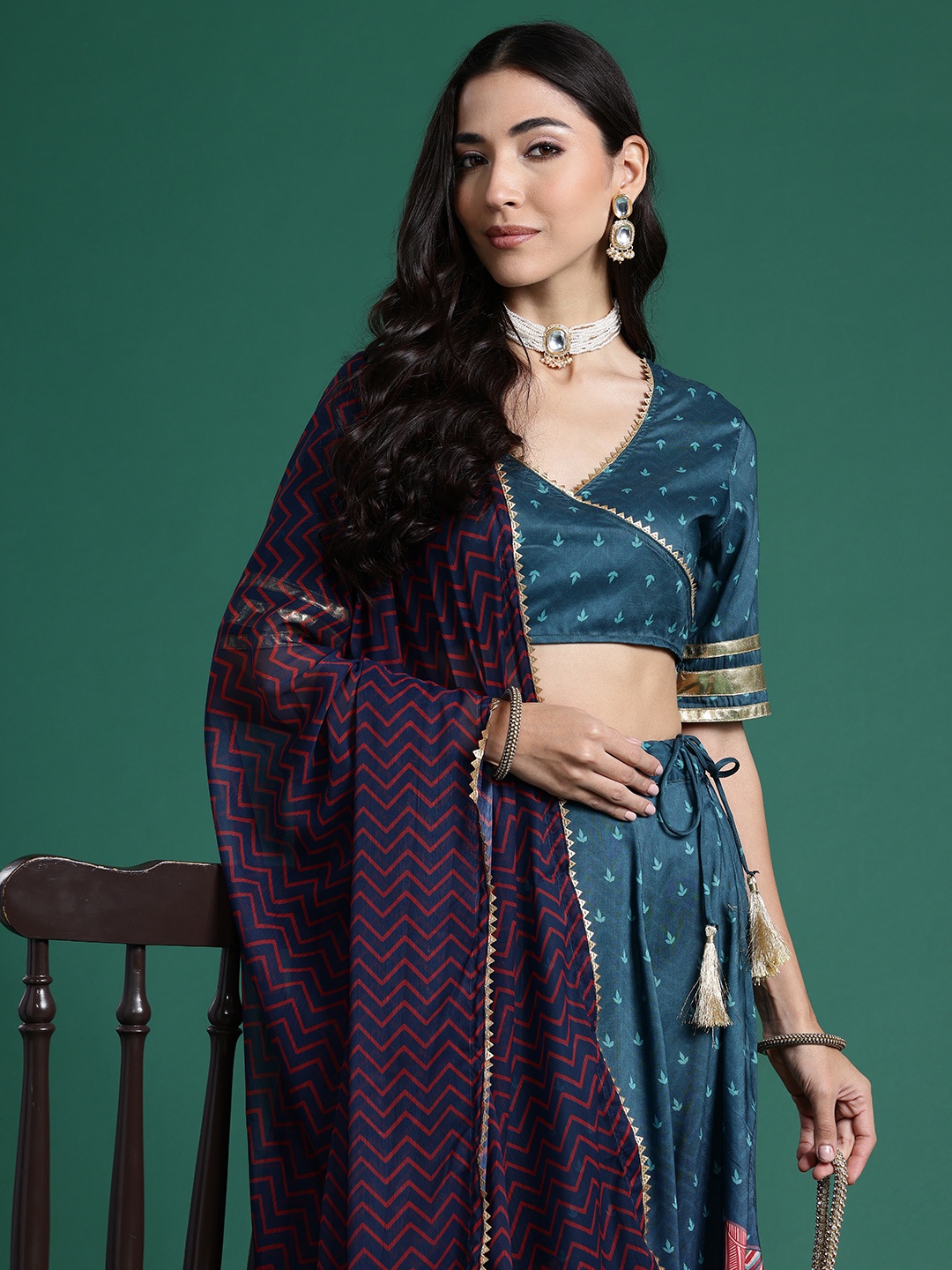 

Sangria Printed Ready to Wear Lehenga & Blouse With Dupatta, Teal