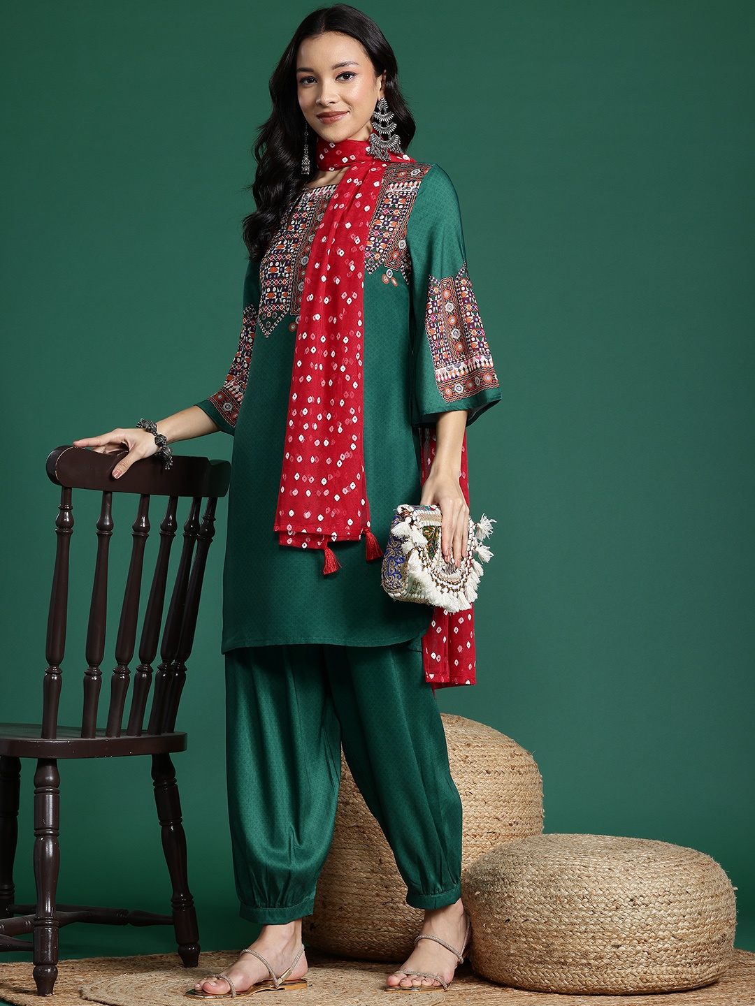 

Sangria Ethnic Motifs Print Flared Sleeve Kurta with Salwar & With Dupatta, Green