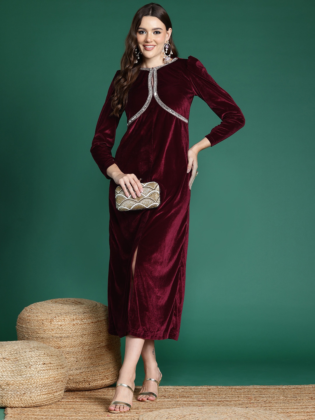 

Sangria Velvet Finish Embellished Sheath Midi Dress, Maroon