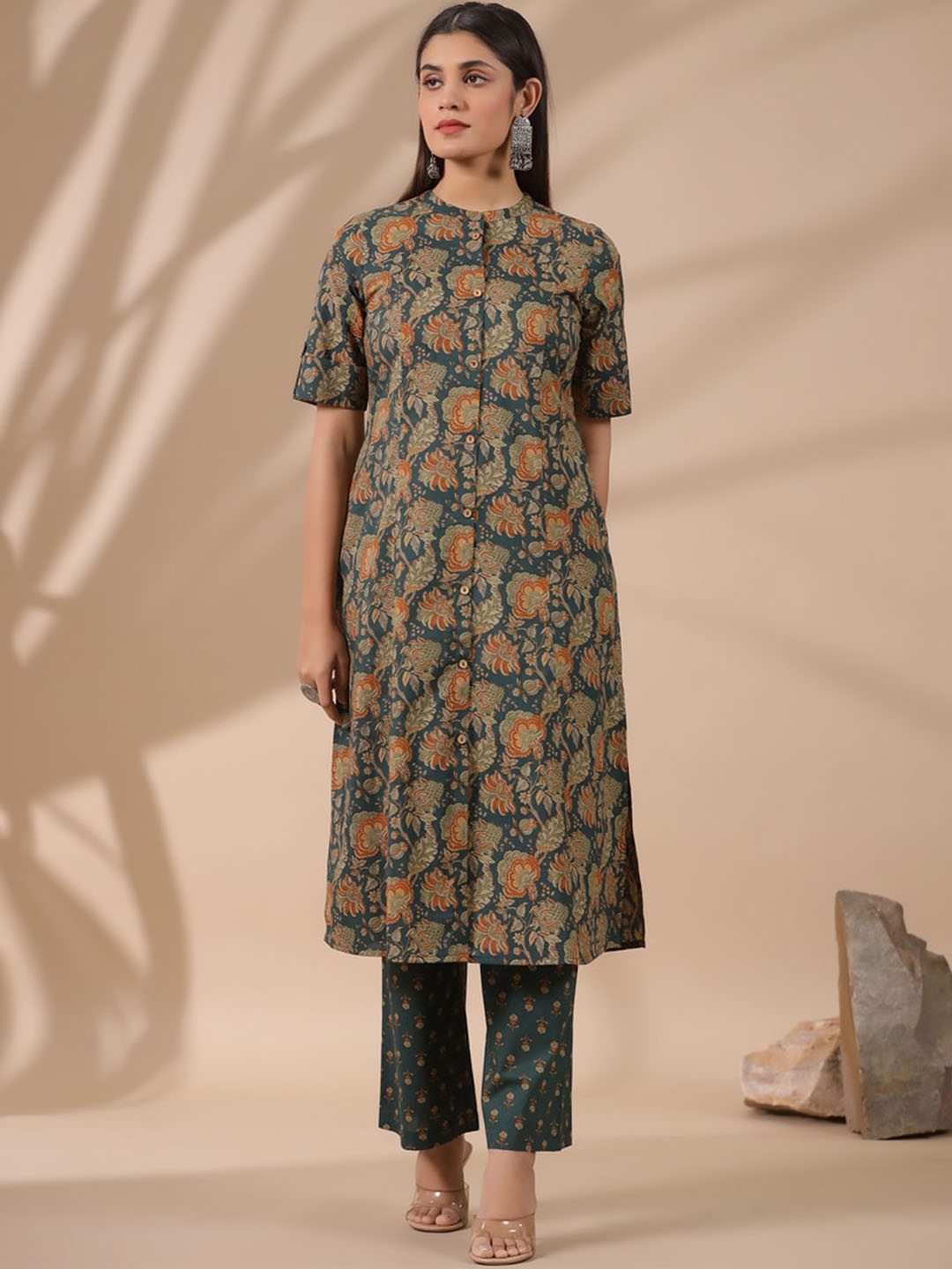 

PIROH Floral Printed A-Line Cotton Kurta, Green