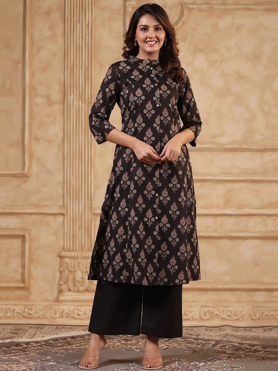 

PIROH Ethnic Motifs Printed Straight Cotton Kurta, Black