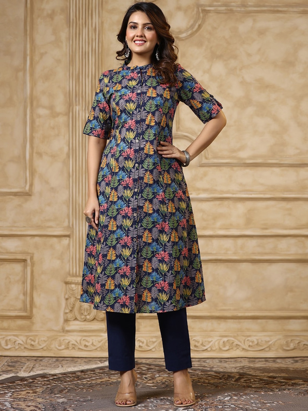 

PIROH Floral Printed A-Line Cotton Kurta, Blue