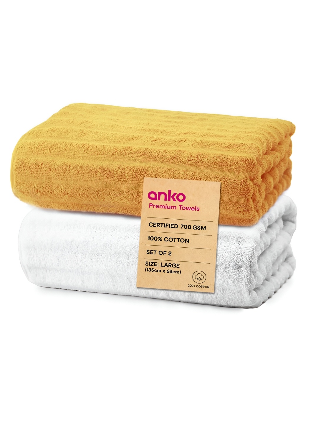 

Anko White & Mustard 2 Pcs Striped Cotton 670 GSM Bath Towel