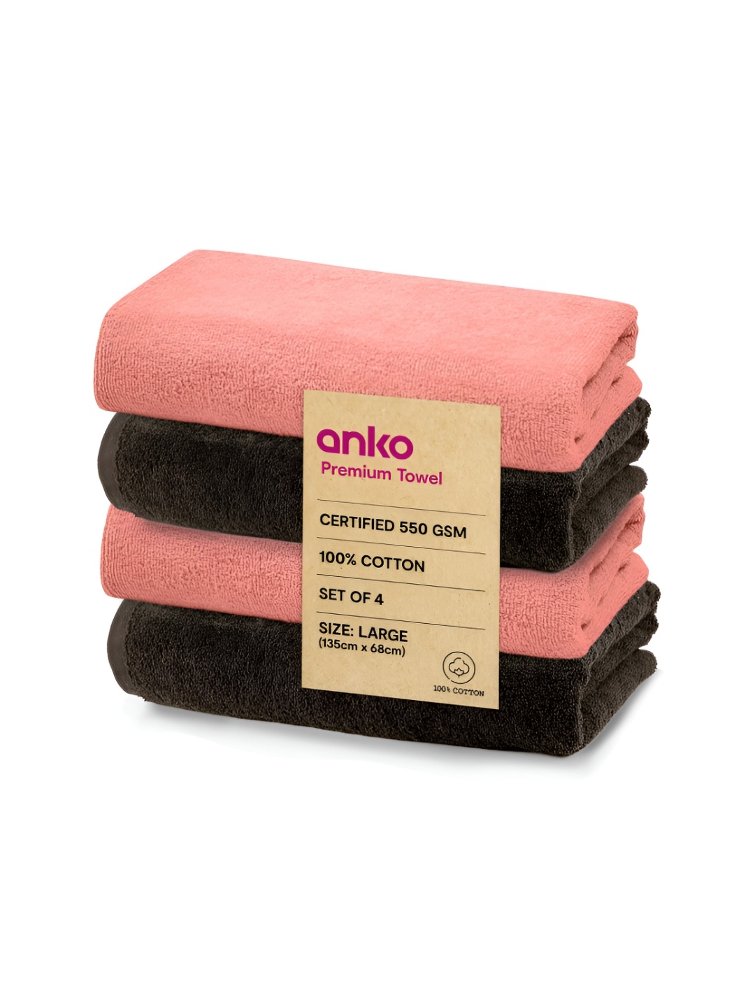 

Anko Pink & Brown 4 Pcs Striped Cotton 550 GSM Bath Towel