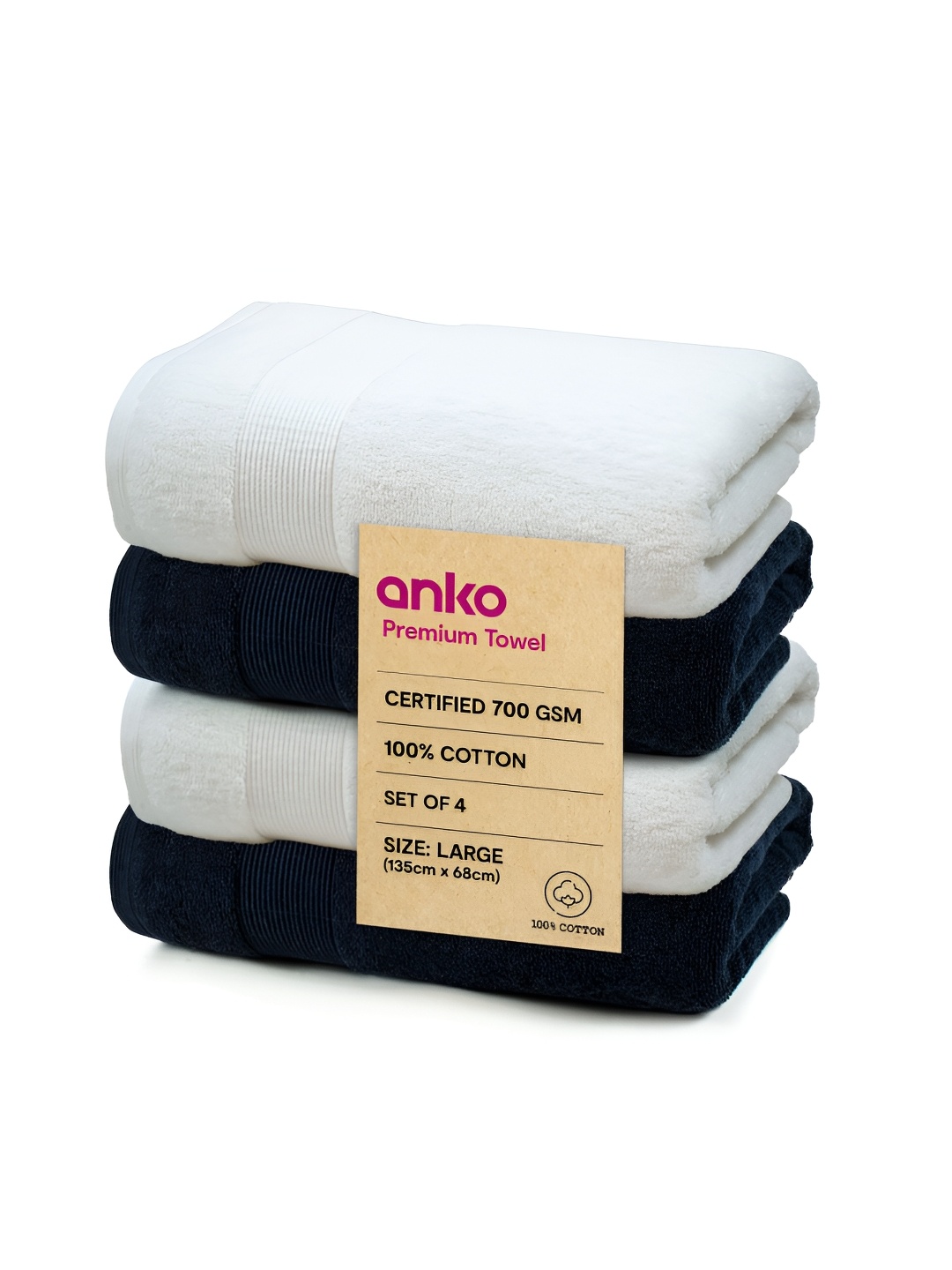 

Anko Navy Blue & White 4 Pieces Striped Cotton 670 GSM Bath Towels