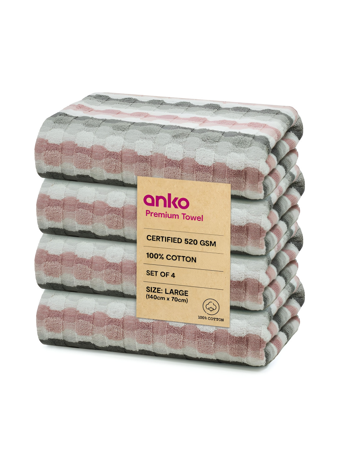 

Anko Pink & White 4 Pieces Striped Cotton 520 GSM Bath Towel
